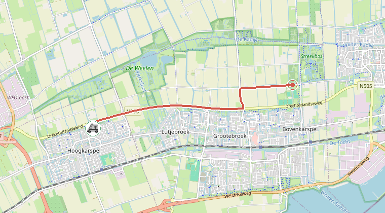 Kaart van de omgeving van de melding, met de kazerne die is gealarmeerd