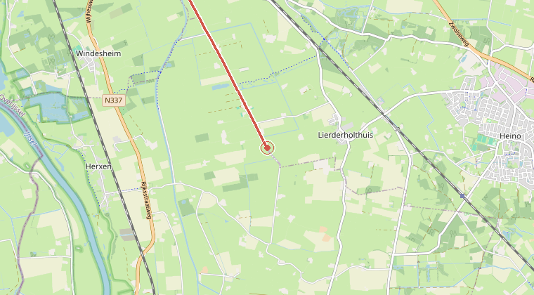 Kaart van de omgeving van de melding, met de kazerne die is gealarmeerd