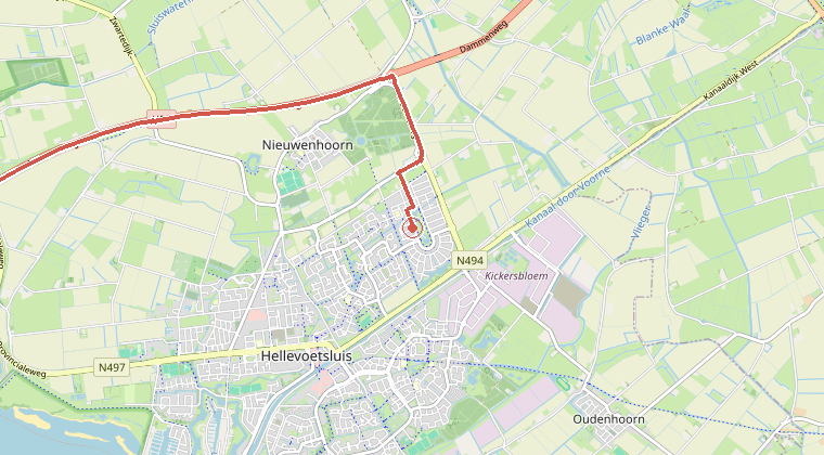 Kaart van de omgeving van de melding, met de kazerne die is gealarmeerd