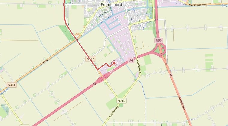 Kaart van de omgeving van de melding, met de kazerne die is gealarmeerd