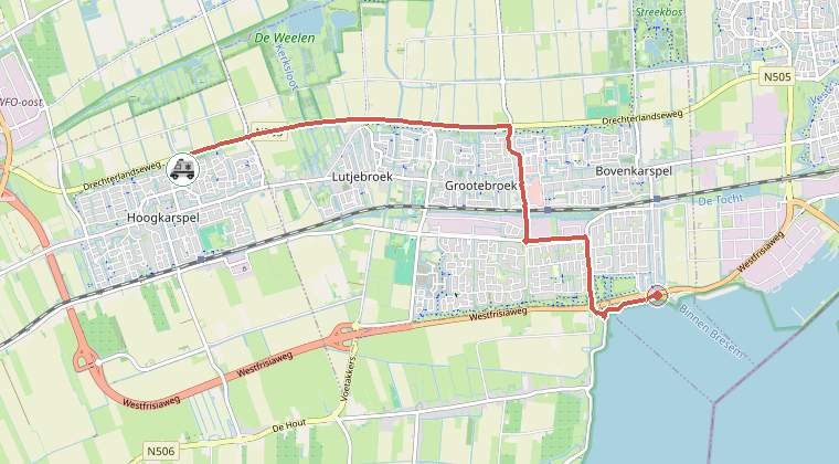 Kaart van de omgeving van de melding, met de kazerne die is gealarmeerd