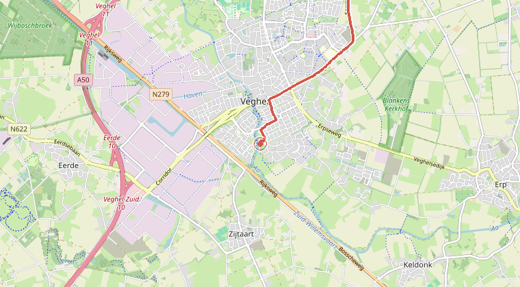 Kaart van de omgeving van de melding, met de kazerne die is gealarmeerd