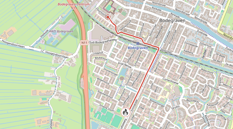 Kaart van de omgeving van de melding, met de kazerne die is gealarmeerd