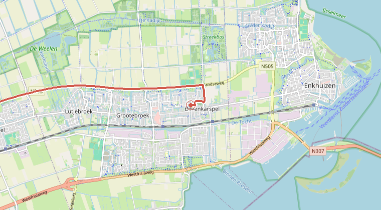 Kaart van de omgeving van de melding, met de kazerne die is gealarmeerd