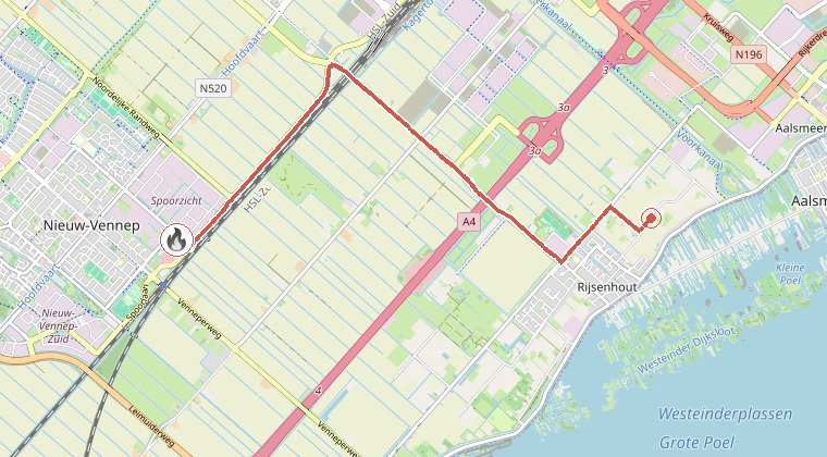 Kaart van de omgeving van de melding, met de kazerne die is gealarmeerd