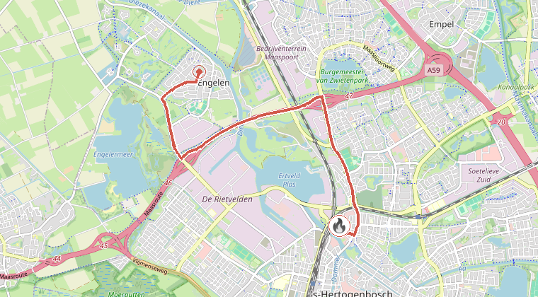 Kaart van de omgeving van de melding, met de kazerne die is gealarmeerd