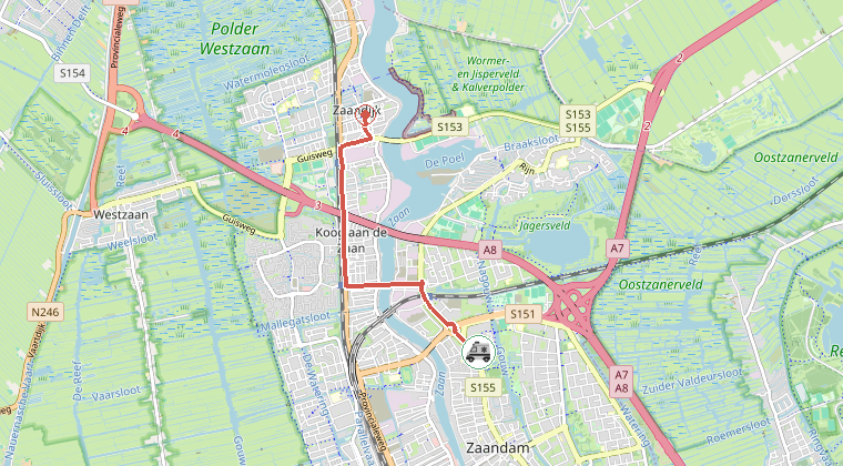 Kaart van de omgeving van de melding, met de kazerne die is gealarmeerd