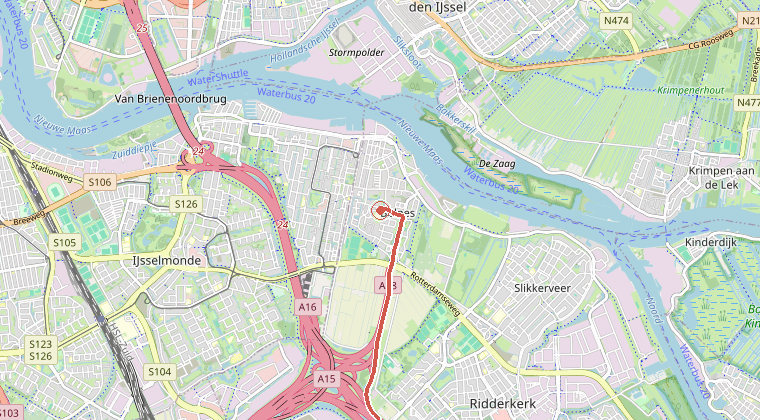 Kaart van de omgeving van de melding, met de kazerne die is gealarmeerd