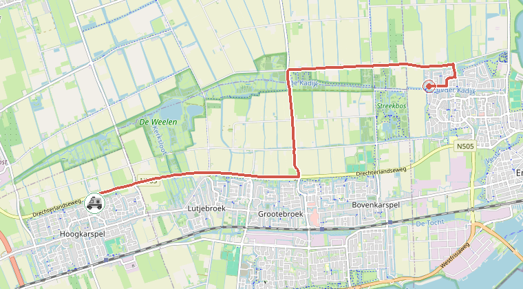 Kaart van de omgeving van de melding, met de kazerne die is gealarmeerd