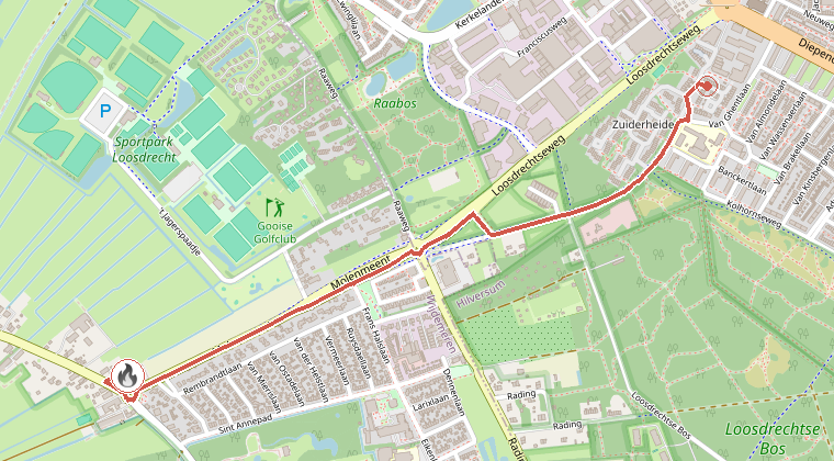 Kaart van de omgeving van de melding, met de kazerne die is gealarmeerd