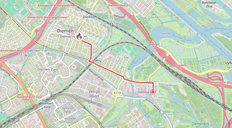 Kaart van de omgeving van de melding, met de kazerne die is gealarmeerd