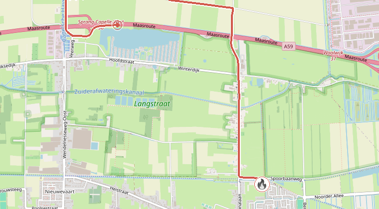 Kaart van de omgeving van de melding, met de kazerne die is gealarmeerd