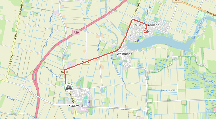 Kaart van de omgeving van de melding, met de kazerne die is gealarmeerd