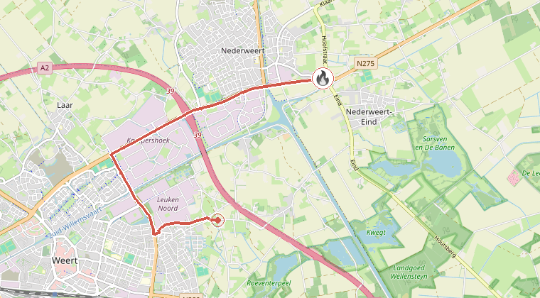 Kaart van de omgeving van de melding, met de kazerne die is gealarmeerd