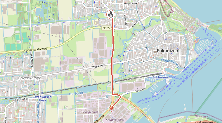 Kaart van de omgeving van de melding, met de kazerne die is gealarmeerd