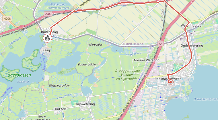 Kaart van de omgeving van de melding, met de kazerne die is gealarmeerd