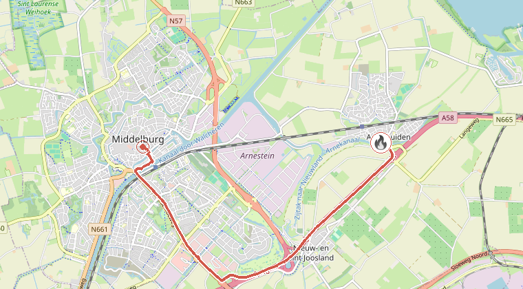 Kaart van de omgeving van de melding, met de kazerne die is gealarmeerd