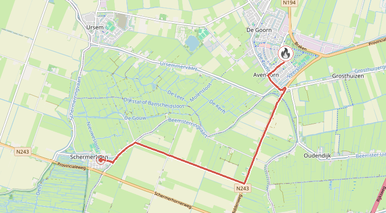 Kaart van de omgeving van de melding, met de kazerne die is gealarmeerd