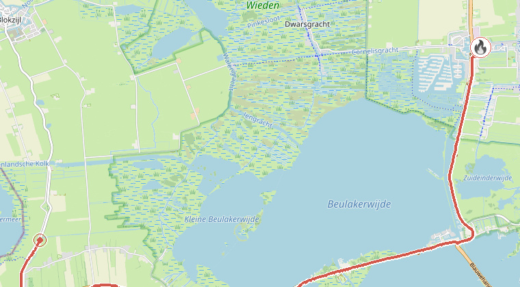 Kaart van de omgeving van de melding, met de kazerne die is gealarmeerd