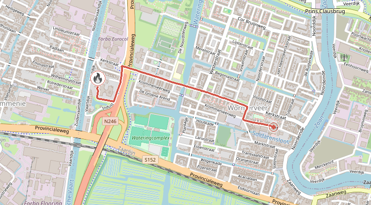Kaart van de omgeving van de melding, met de kazerne die is gealarmeerd