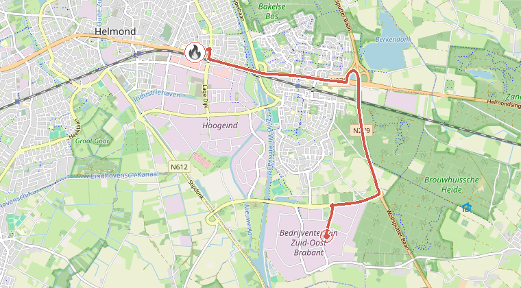 Kaart van de omgeving van de melding, met de kazerne die is gealarmeerd