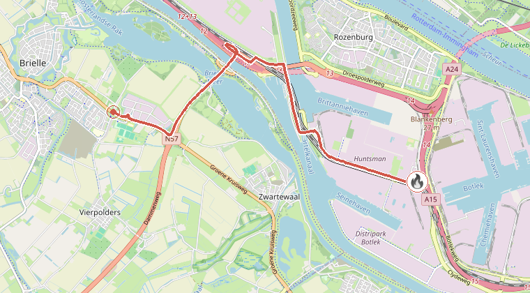 Kaart van de omgeving van de melding, met de kazerne die is gealarmeerd