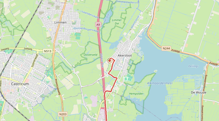 Kaart van de omgeving van de melding, met de kazerne die is gealarmeerd