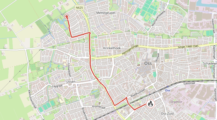 Kaart van de omgeving van de melding, met de kazerne die is gealarmeerd