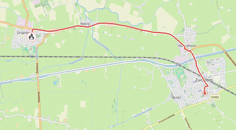 Kaart van de omgeving van de melding, met de kazerne die is gealarmeerd