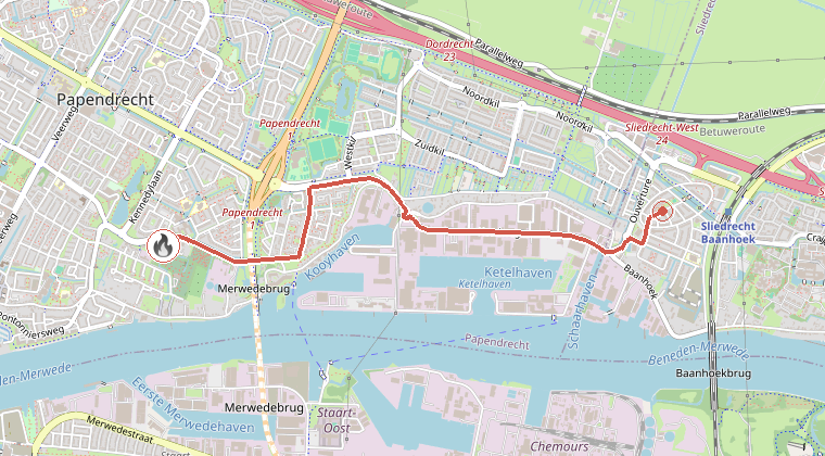 Kaart van de omgeving van de melding, met de kazerne die is gealarmeerd