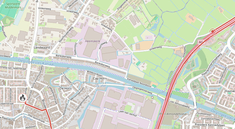 Kaart van de omgeving van de melding, met de kazerne die is gealarmeerd