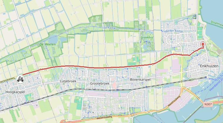 Kaart van de omgeving van de melding, met de kazerne die is gealarmeerd