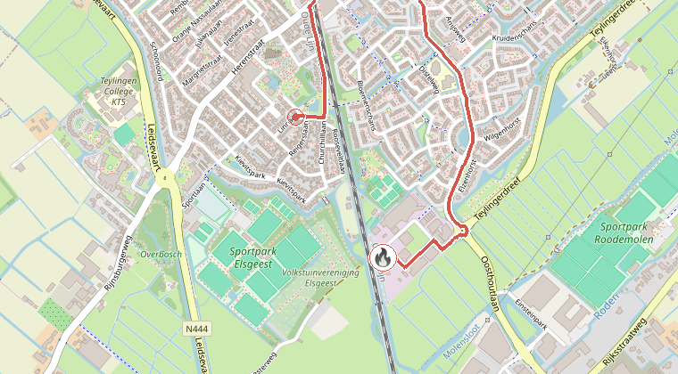 Kaart van de omgeving van de melding, met de kazerne die is gealarmeerd