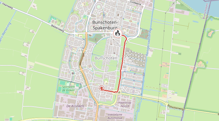 Kaart van de omgeving van de melding, met de kazerne die is gealarmeerd