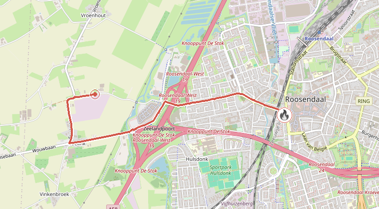Kaart van de omgeving van de melding, met de kazerne die is gealarmeerd