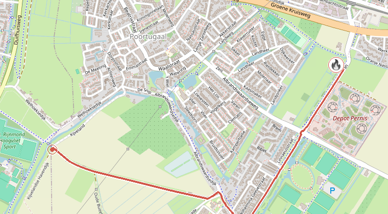 Kaart van de omgeving van de melding, met de kazerne die is gealarmeerd