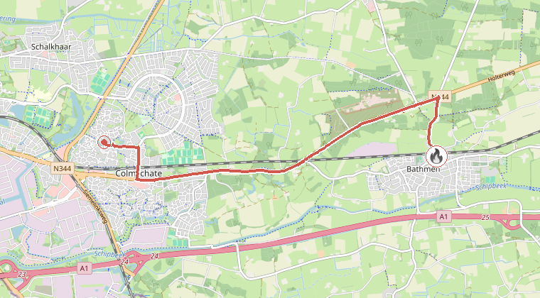 Kaart van de omgeving van de melding, met de kazerne die is gealarmeerd