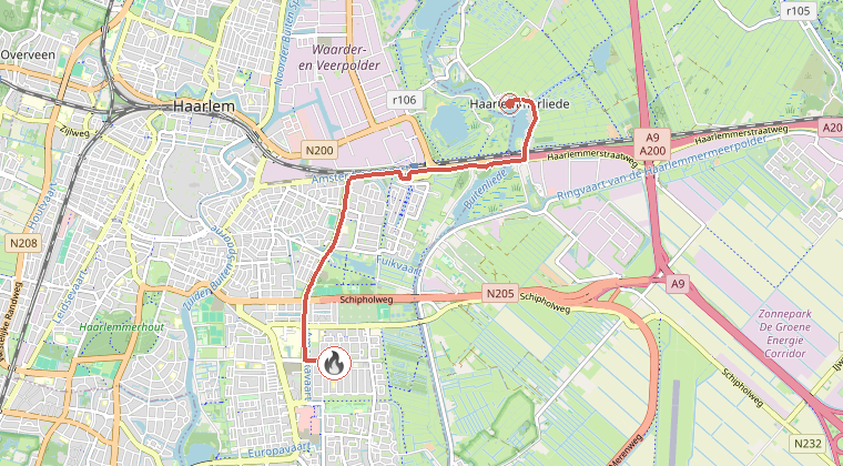 Kaart van de omgeving van de melding, met de kazerne die is gealarmeerd