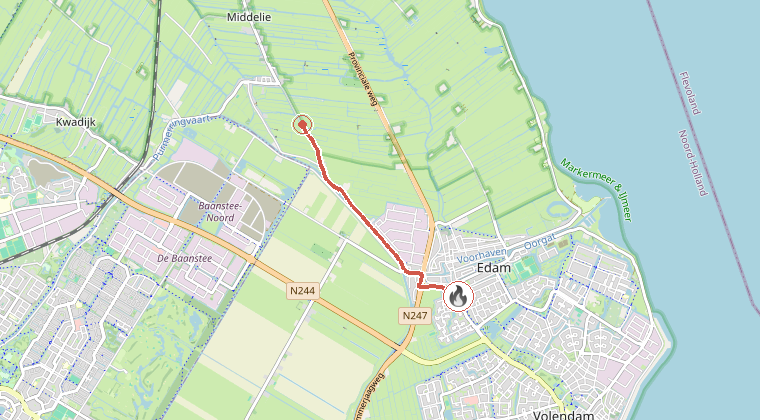 Kaart van de omgeving van de melding, met de kazerne die is gealarmeerd
