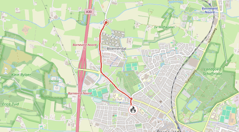 Kaart van de omgeving van de melding, met de kazerne die is gealarmeerd