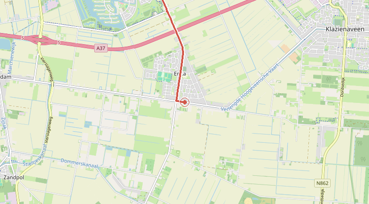 Kaart van de omgeving van de melding, met de kazerne die is gealarmeerd
