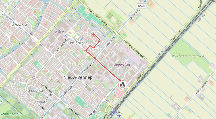 Kaart van de omgeving van de melding, met de kazerne die is gealarmeerd