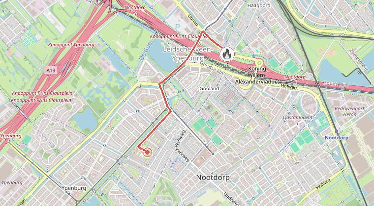 Kaart van de omgeving van de melding, met de kazerne die is gealarmeerd