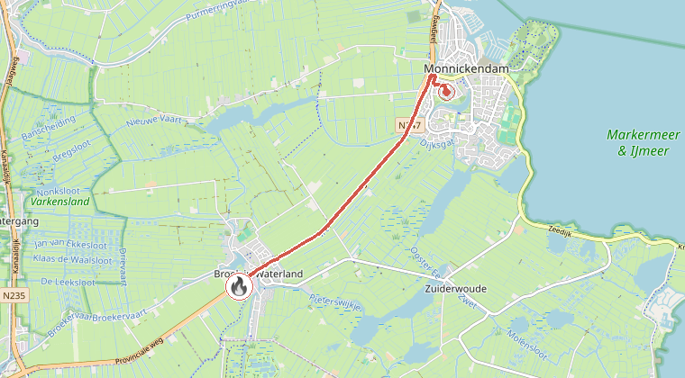 Kaart van de omgeving van de melding, met de kazerne die is gealarmeerd