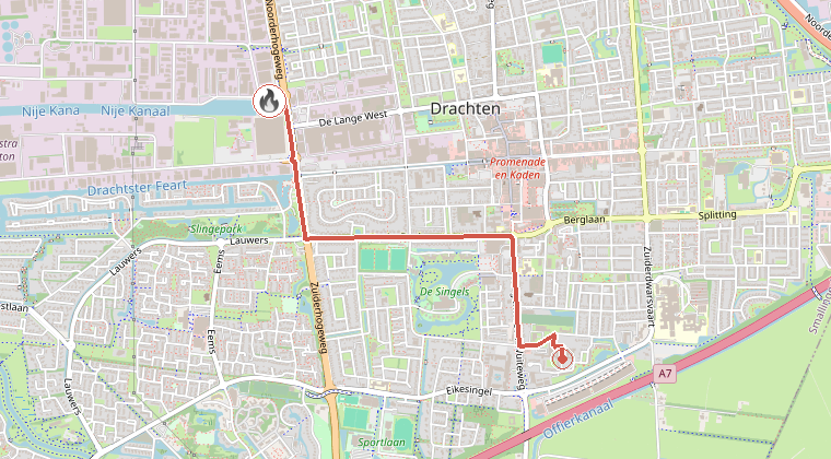 Kaart van de omgeving van de melding, met de kazerne die is gealarmeerd
