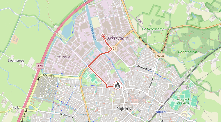 Kaart van de omgeving van de melding, met de kazerne die is gealarmeerd