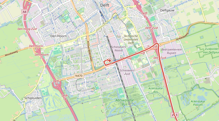 Kaart van de omgeving van de melding, met de kazerne die is gealarmeerd