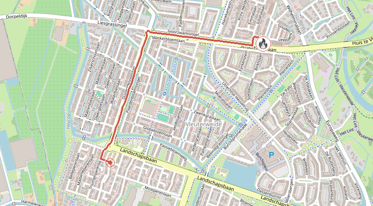 Kaart van de omgeving van de melding, met de kazerne die is gealarmeerd