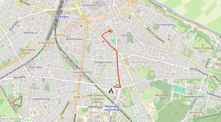 Kaart van de omgeving van de melding, met de kazerne die is gealarmeerd