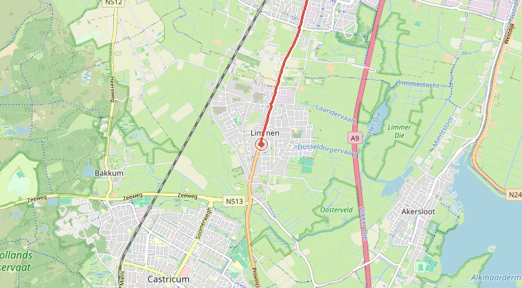 Kaart van de omgeving van de melding, met de kazerne die is gealarmeerd